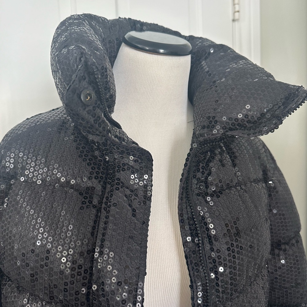 NWT Unreal Fur Black Sequin Puffer Jacket Front Zip High Collar Sz XS - Picture 5 of 16